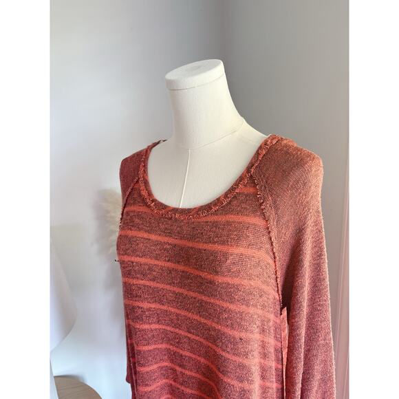 Free People Coral Stripe Long Sleeve Sweater Medium Boatneck Raw Edge Baseball T - Picture 2 of 6